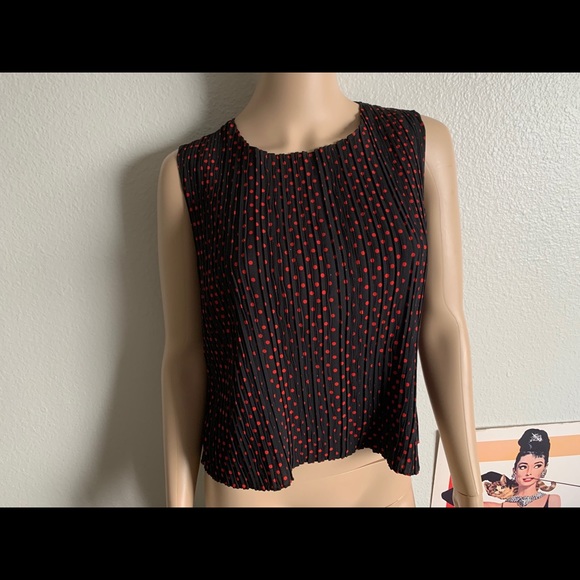 Vintage Tops - Vintage Polka Dot Pleated Sleeveless Boxy Blouse